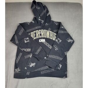 Abercrombie Fitch‎ Sweatshirt Kids 13 14 Black AOP Spellout Hoodie Lightweight